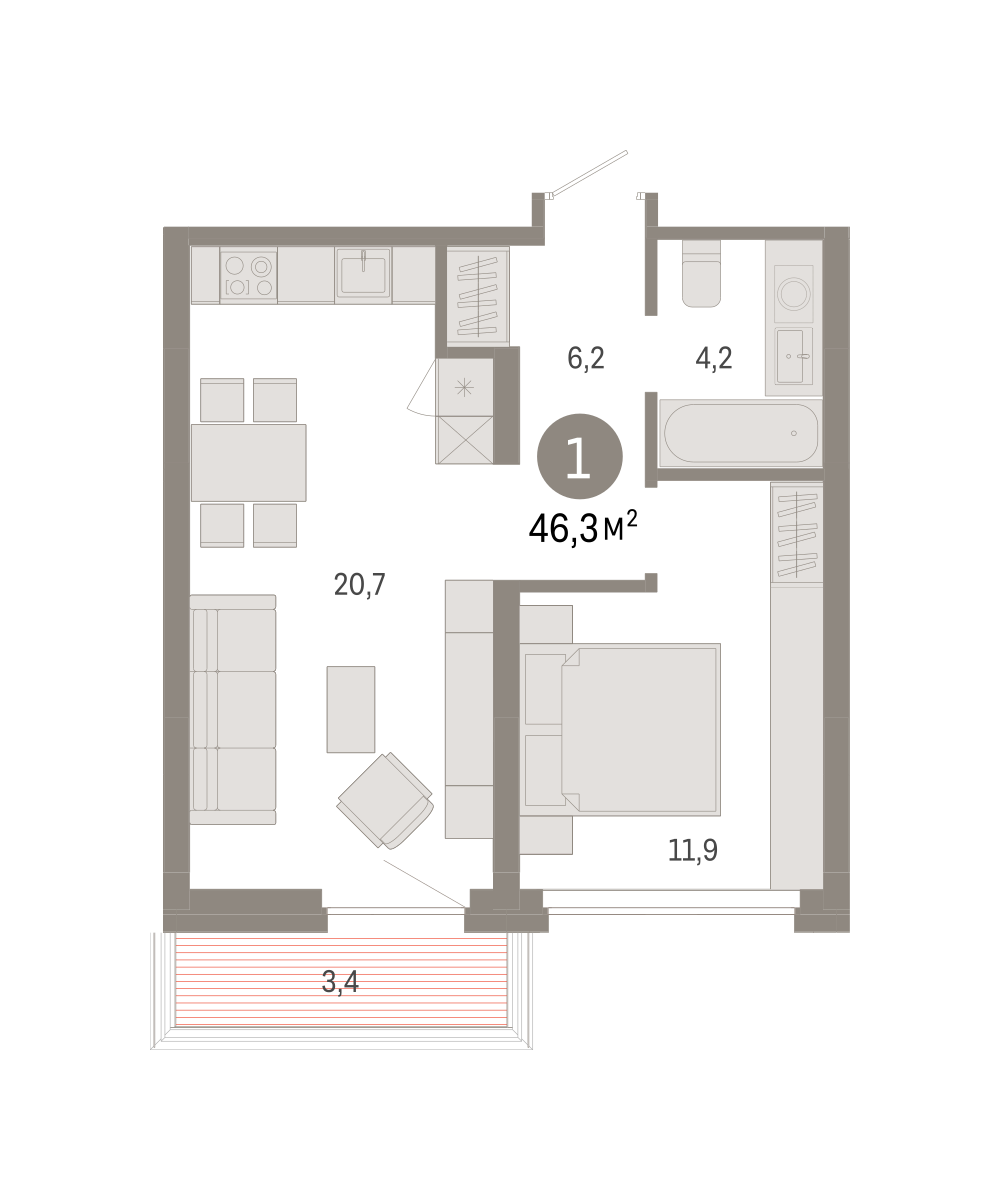 1-комнатная 46 м2 в ЖК Квартал Нефть корпус null этаж 6