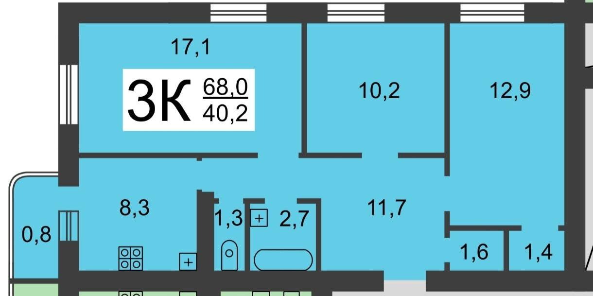 3-комнатная 63 м2 в ЖК undefined корпус null этаж 7