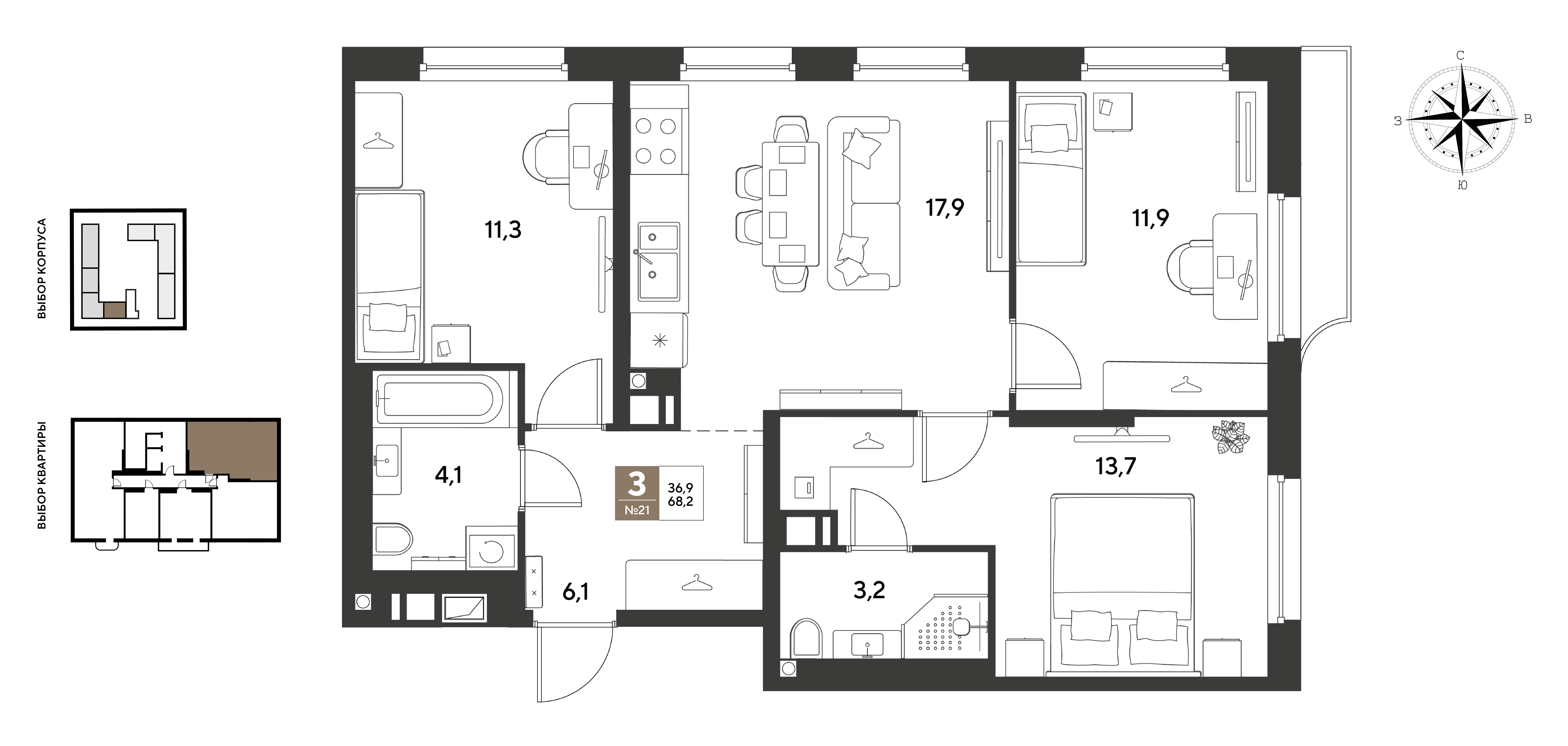 3-комнатная 68 м2 в ЖК GRADE корпус null этаж 6