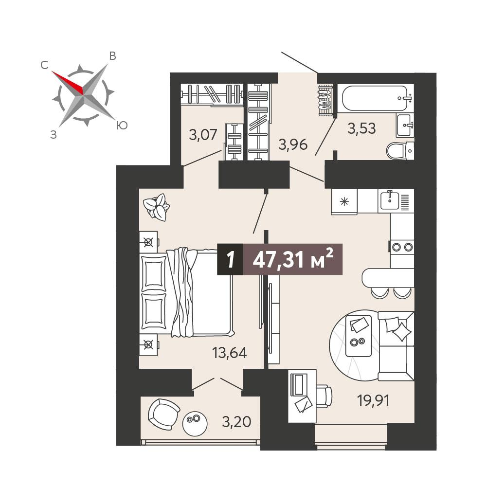 1-комнатная 47 м2 в ЖК 8 марта корпус null этаж 9