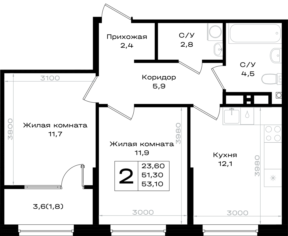 2-комнатная 53 м2 в ЖК Придонье корпус null этаж 8