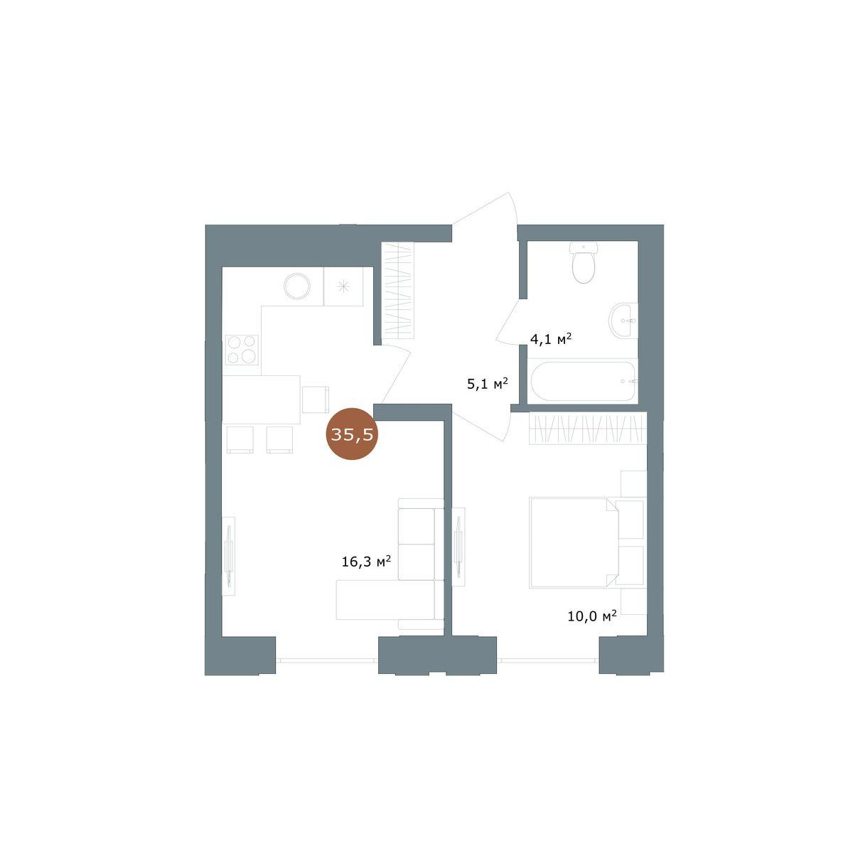 1-комнатная 35 м2 в ЖК 19/56 Кварталы Телецентра корпус null этаж 16