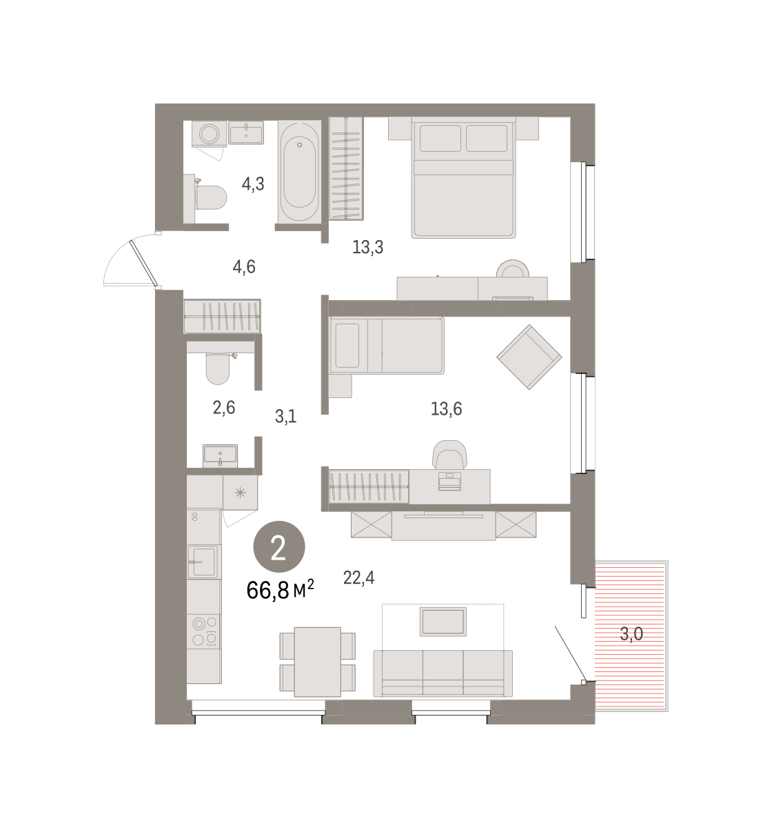 2-комнатная 66 м2 в ЖК Северный ветер корпус null этаж 3