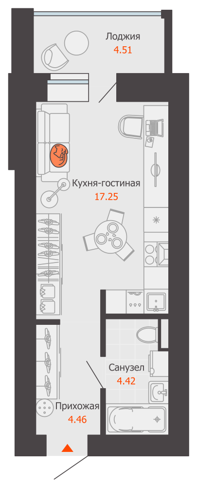 1-комнатная 28 м2 в ЖК ZNAK корпус null этаж 2