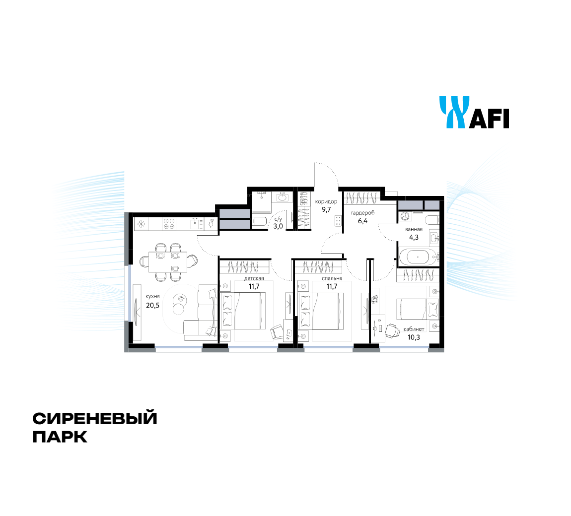 3-комнатная 75 м2 в ЖК Сиреневый парк корпус null этаж 13