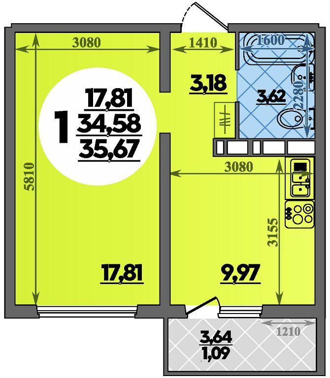 1-комнатная 35 м2 в ЖК Платовский корпус null этаж 6
