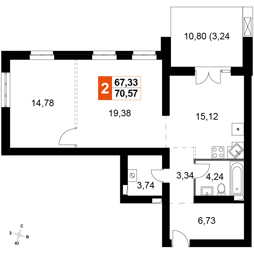 2-комнатная 70 м2 в ЖК Жаворонки Клаб корпус null этаж 1