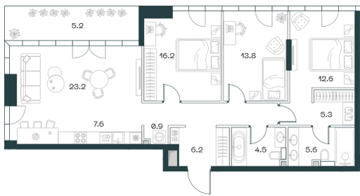 3-комнатная 107 м2 в ЖК Shift корпус null этаж 3
