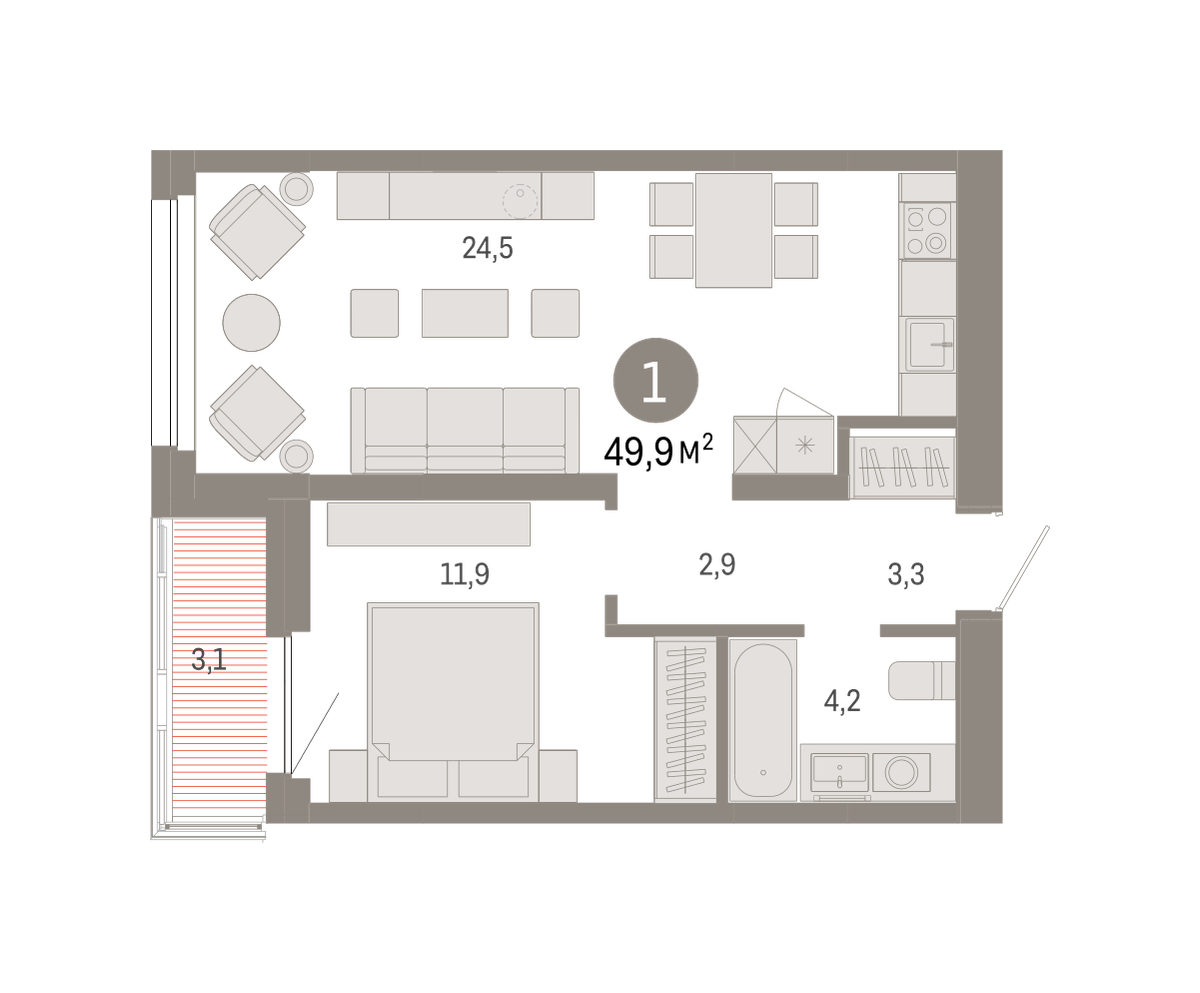 1-комнатная 49 м2 в ЖК Квартал Нефть корпус null этаж 3