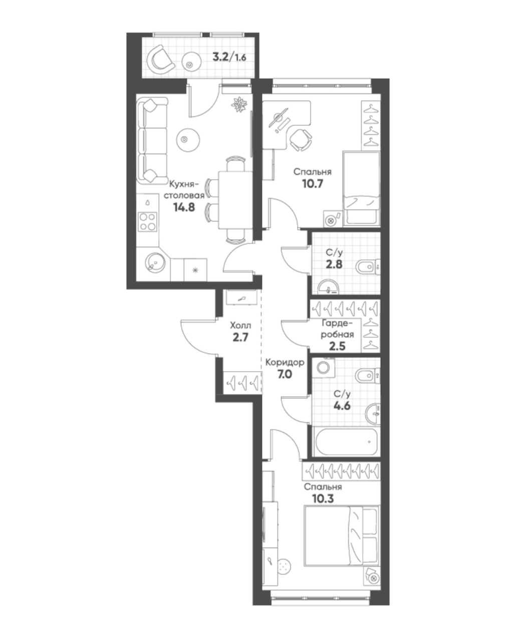 2-комнатная 57.2 м2 в ЖК undefined корпус null этаж 9