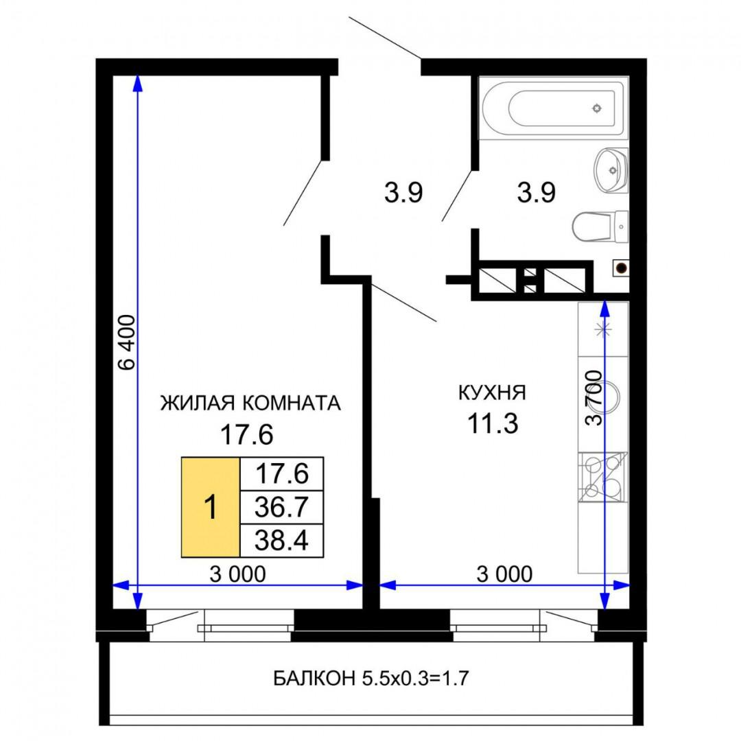 1-комнатная 38.4 м2 в ЖК undefined корпус null этаж 11