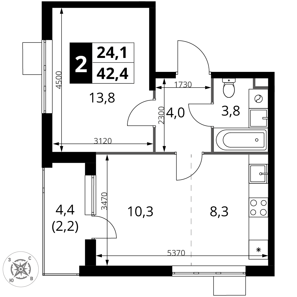 2-комнатная 42 м2 в ЖК 1-й Шереметьевский корпус null этаж 5