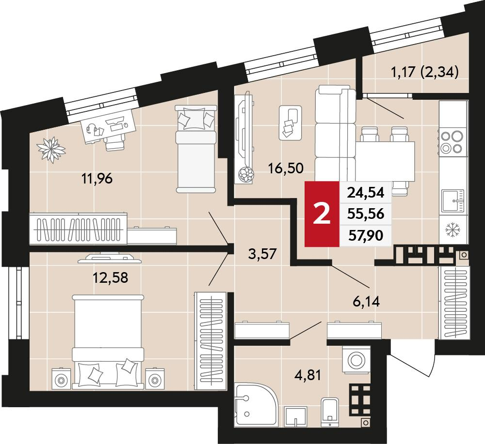 2-комнатная 57 м2 в ЖК Невский корпус null этаж 12