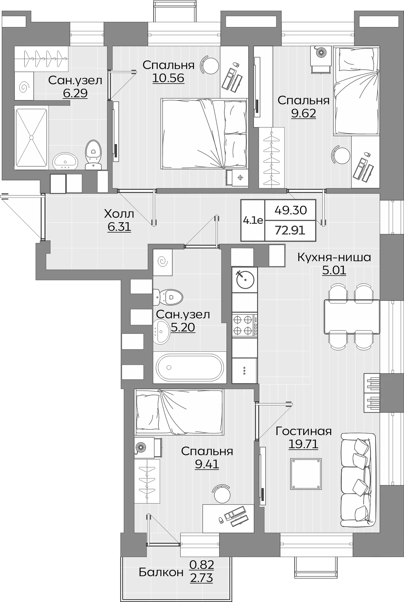4-комнатная 72 м2 в ЖК Батталовский корпус null этаж 3