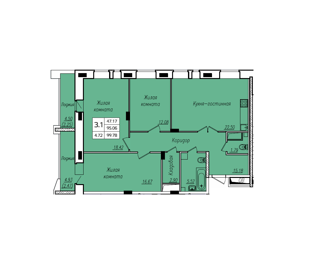 3-комнатная 99 м2 в ЖК Николаевский парк корпус null этаж 13