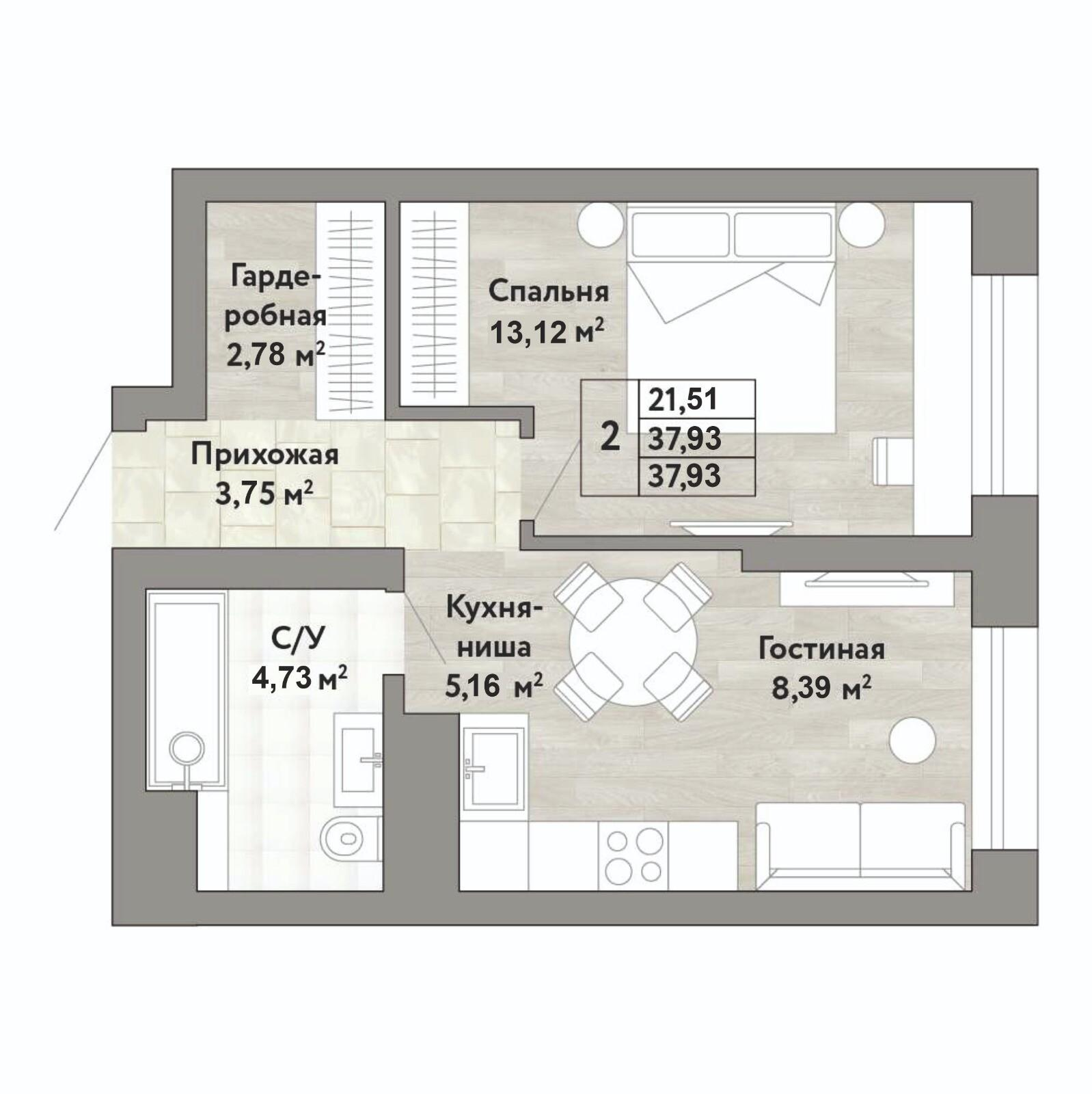 2-комнатная 37 м2 в ЖК Квартал «Stories» корпус null этаж 15