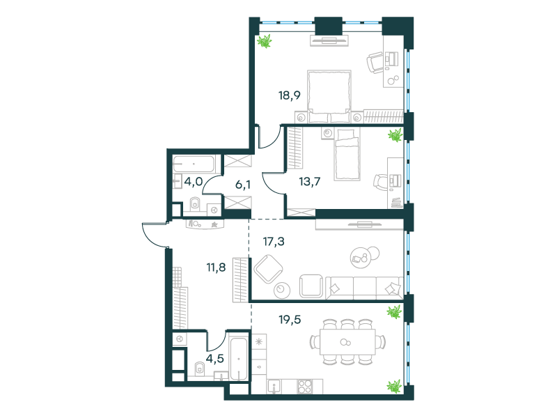 3-комнатная 95 м2 в ЖК Level Южнопортовая корпус null этаж 9