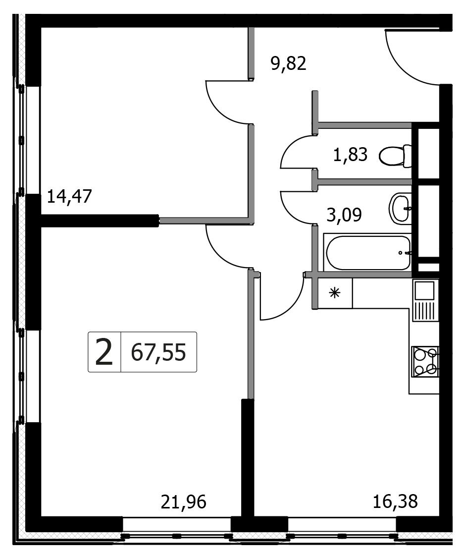 2-комнатная 67 м2 в ЖК Городские Истории корпус null этаж 12