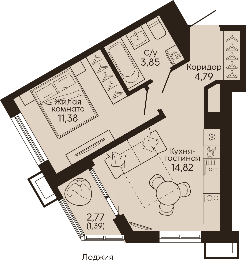 1-комнатная 36 м2 в ЖК Тихий центр корпус null этаж 4