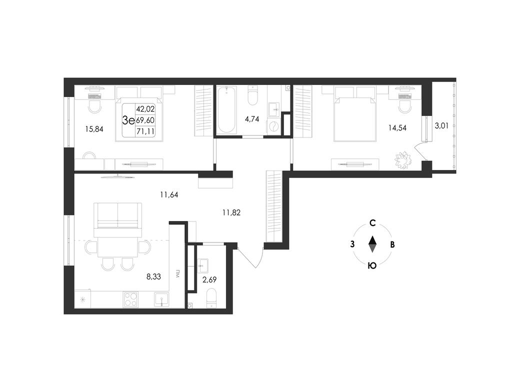 3-комнатная 71 м2 в ЖК Май корпус null этаж 15