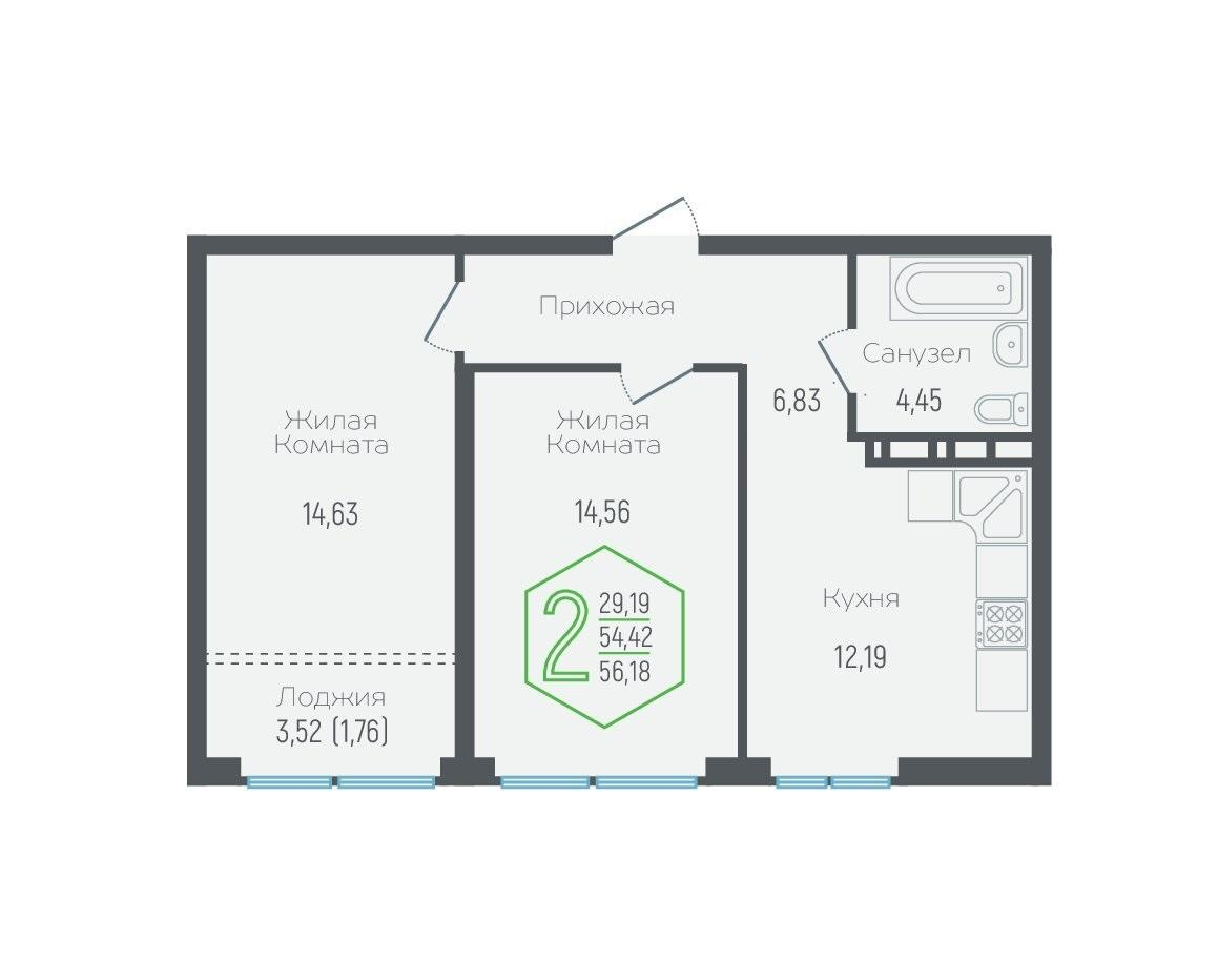 2-комнатная 54 м2 в ЖК Гарантия Prime корпус null этаж 17