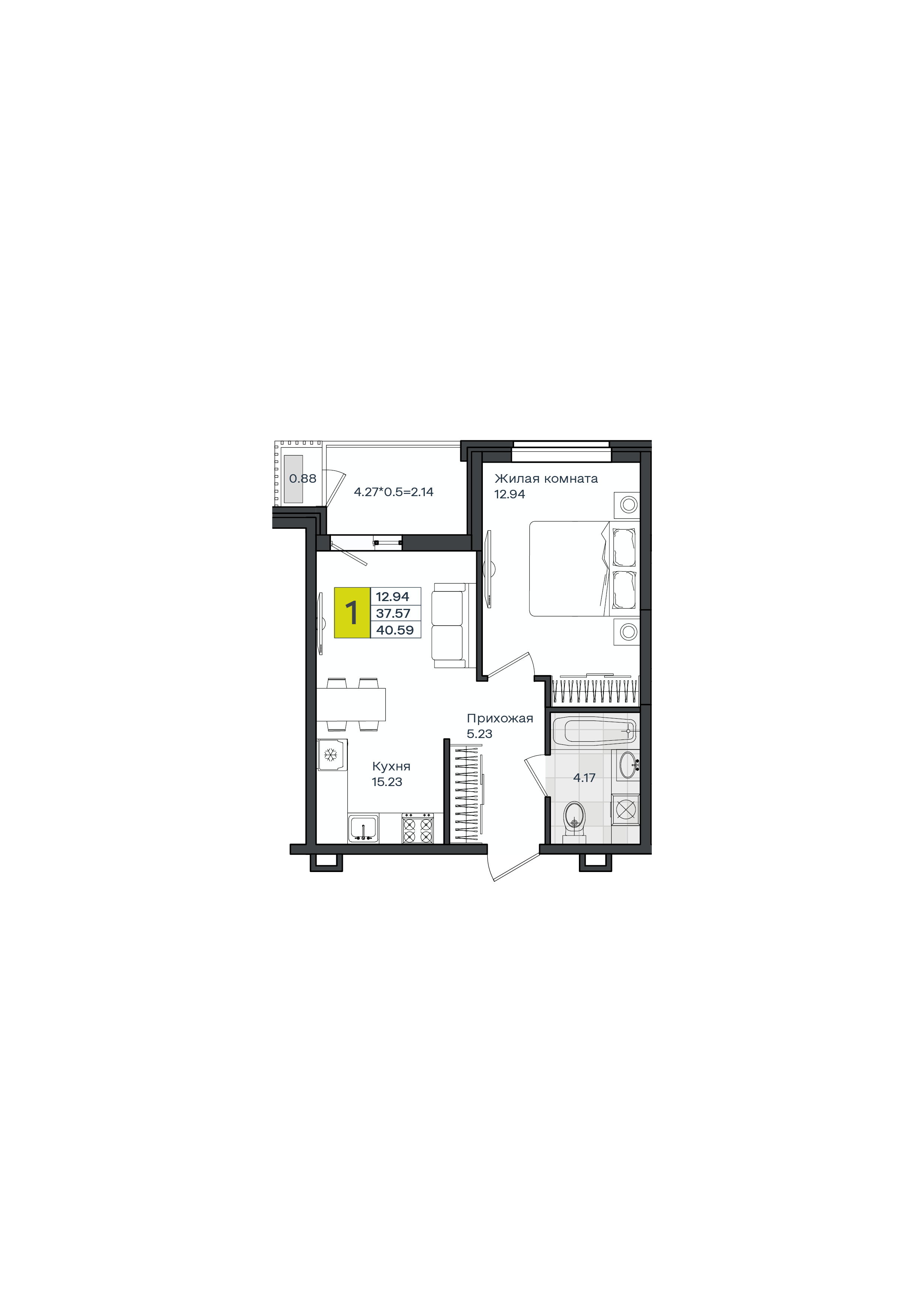1-комнатная 40 м2 в ЖК МОНО Квартал корпус null этаж 2