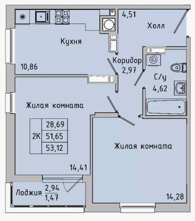 2-комнатная 53.1 м2 в ЖК undefined корпус null этаж 10