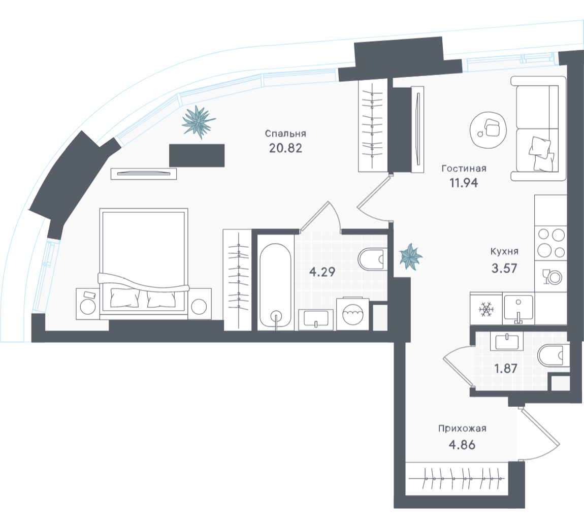 1-комнатная 47 м2 в ЖК Solos корпус null этаж 37