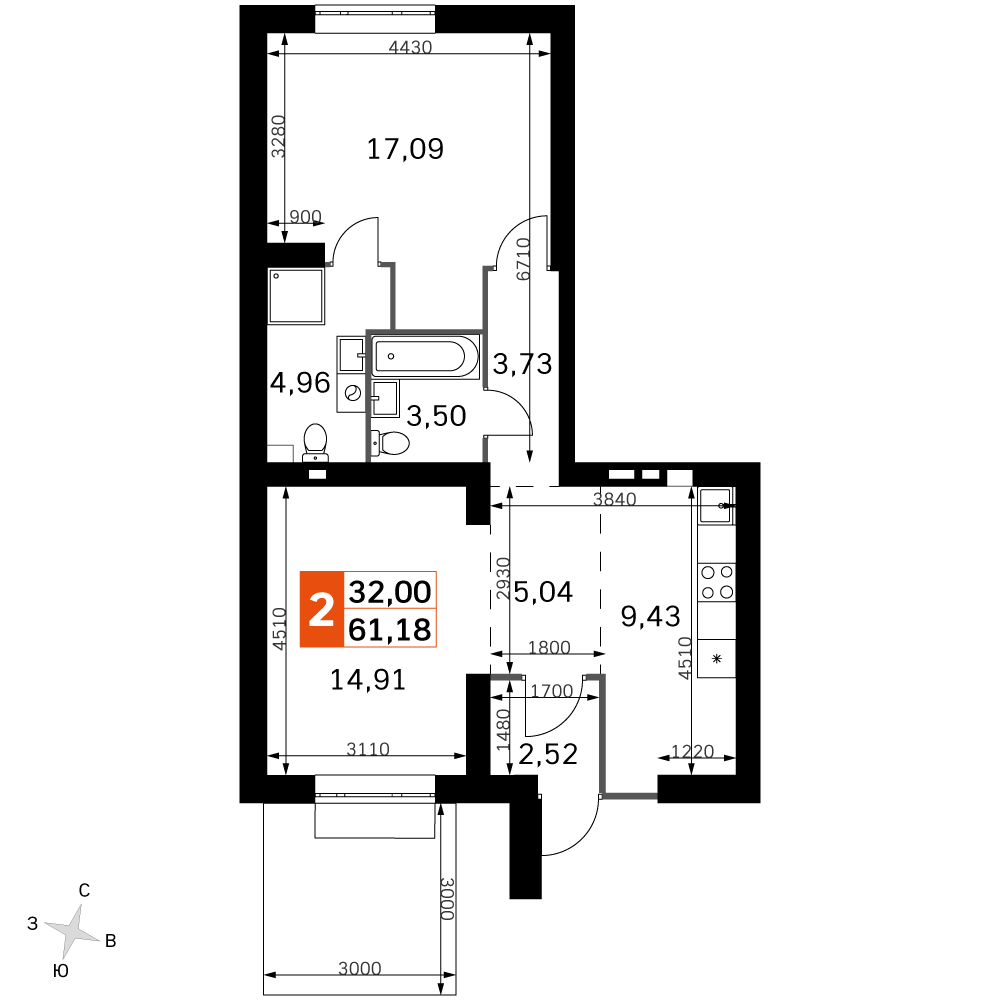 2-комнатная 61 м2 в ЖК Жаворонки Клаб корпус null этаж 1