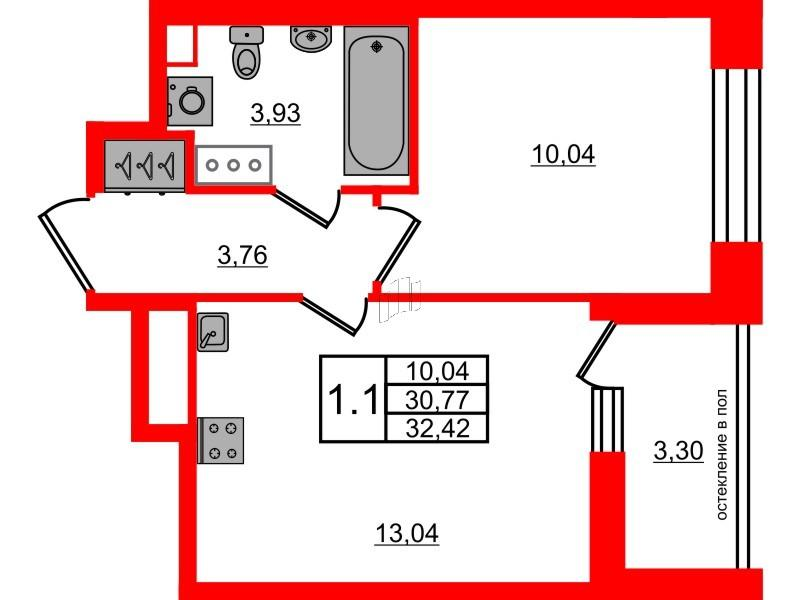 1-комнатная 30 м2 в ЖК Титул в Московском корпус null этаж 3