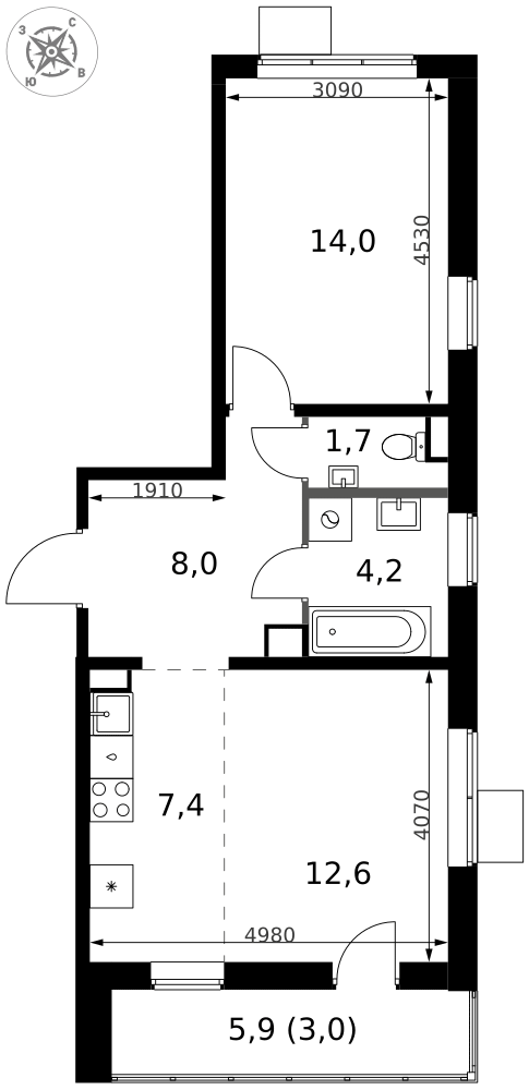2-комнатная 50 м2 в ЖК 1-й Южный корпус null этаж 11