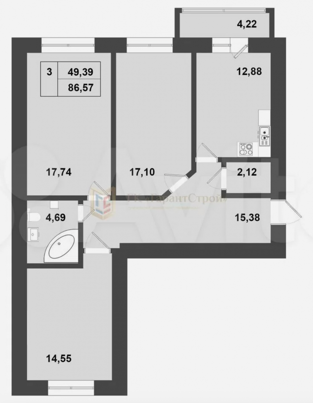 3-комнатная 81.2 м2 в ЖК undefined корпус null этаж 3
