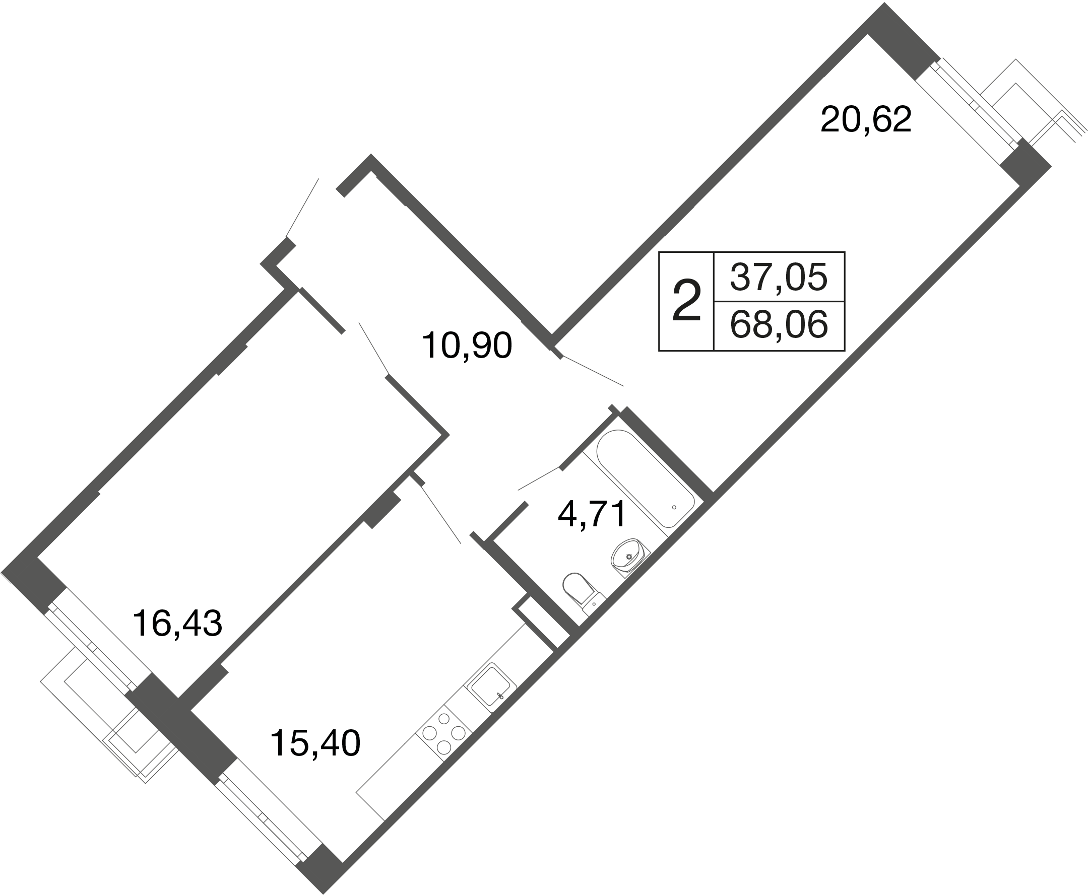 2-комнатная 68 м2 в ЖК Времена года корпус null этаж 1