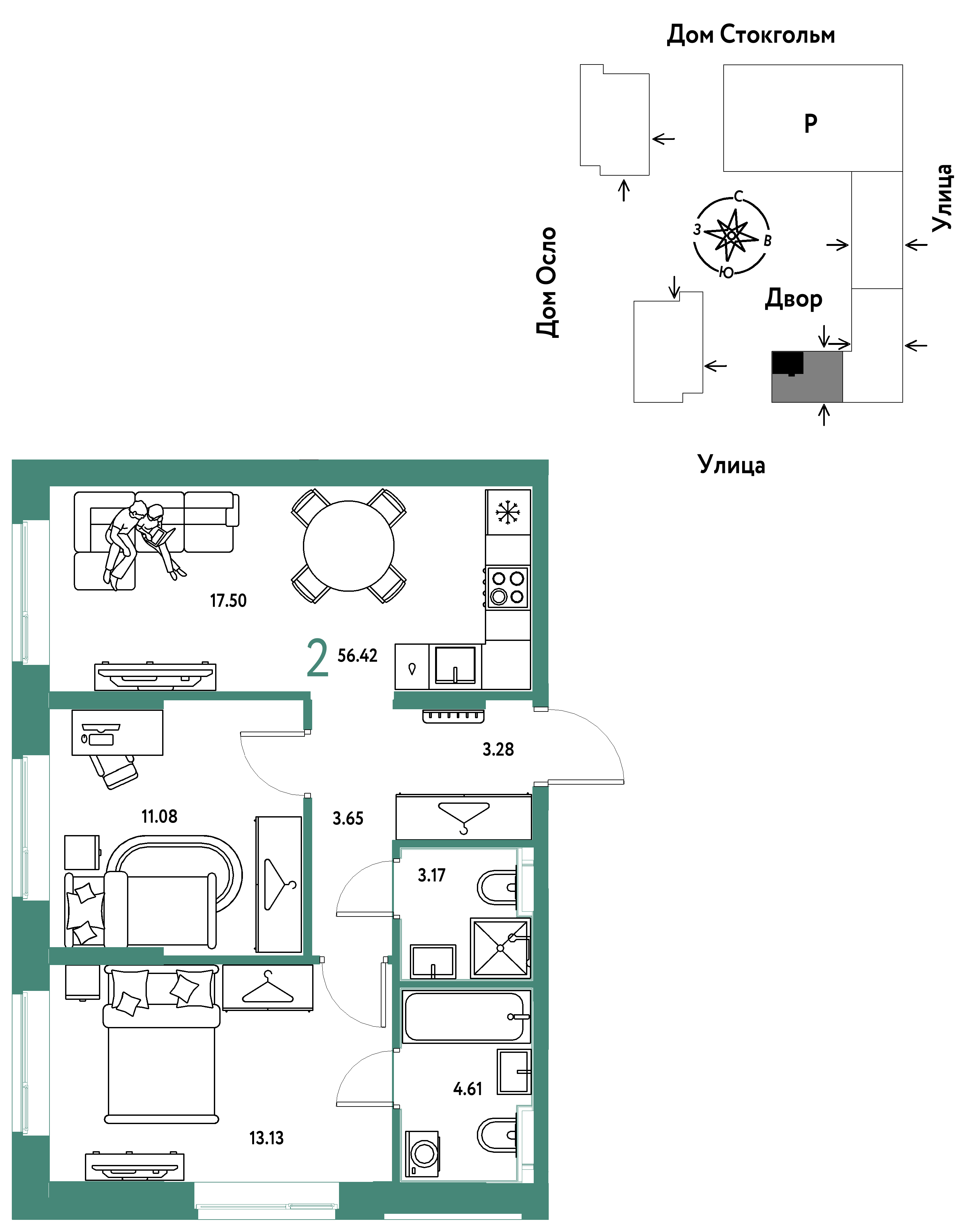 2-комнатная 56 м2 в ЖК Европейский берег 2.0 корпус null этаж 4