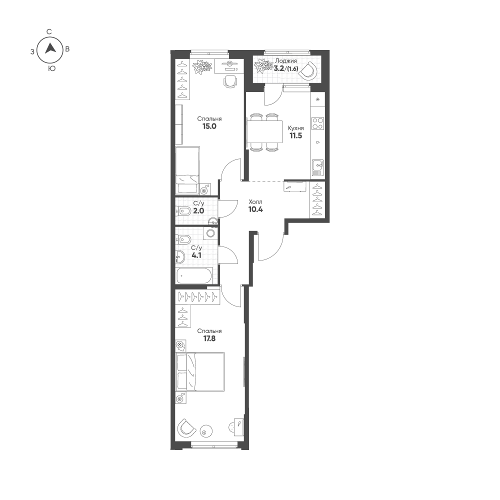 2-комнатная 62 м2 в ЖК Ягодное Река Парк корпус null этаж 2