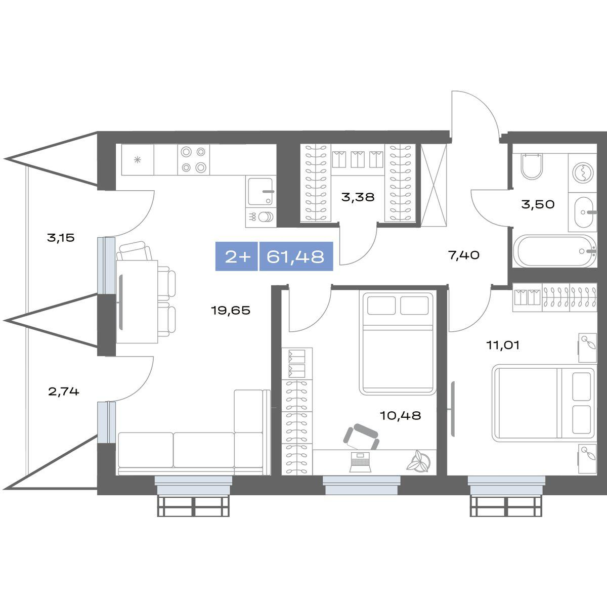 2-комнатная 61 м2 в ЖК Толк Медный корпус null этаж 5