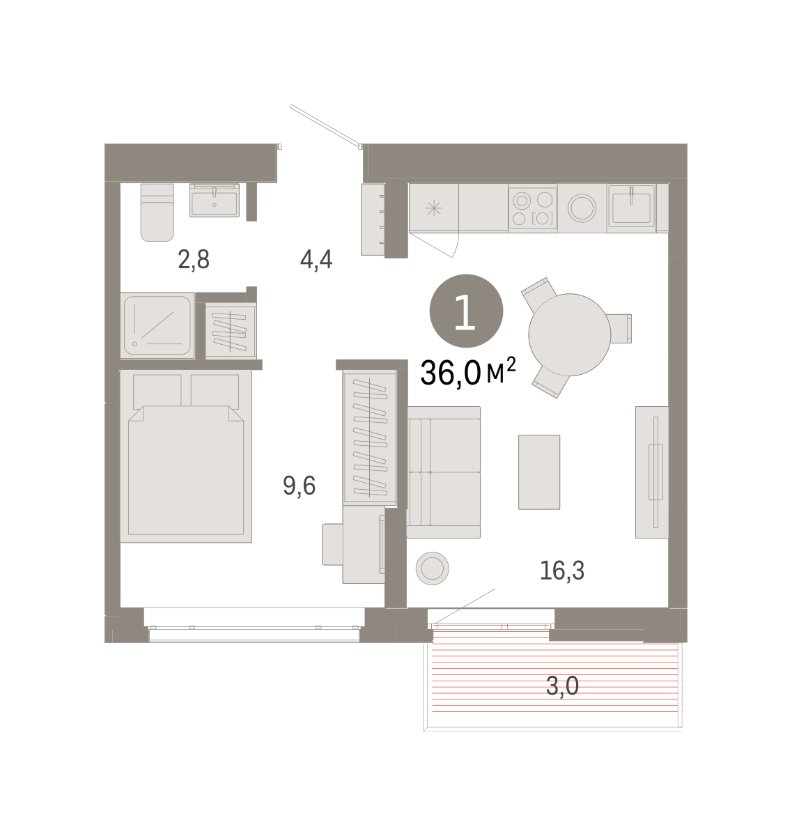 1-комнатная 36 м2 в ЖК Республики 205 корпус null этаж 6