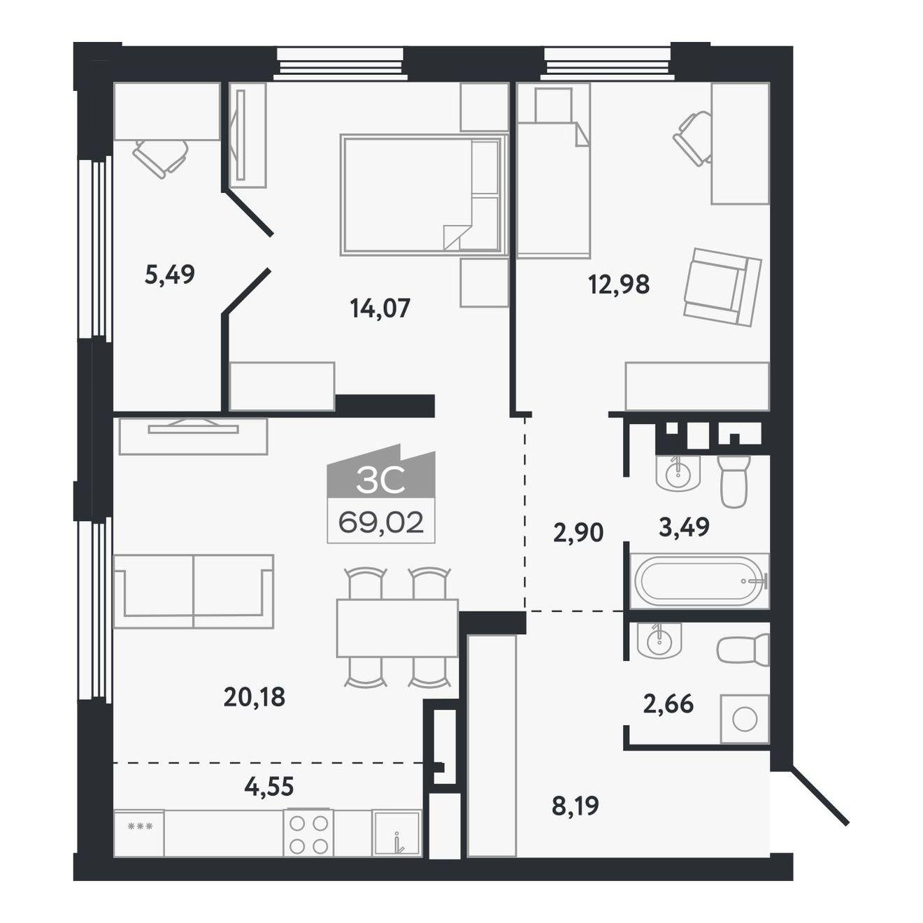 3-комнатная 69 м2 в ЖК Квартал 1604 корпус null этаж 14