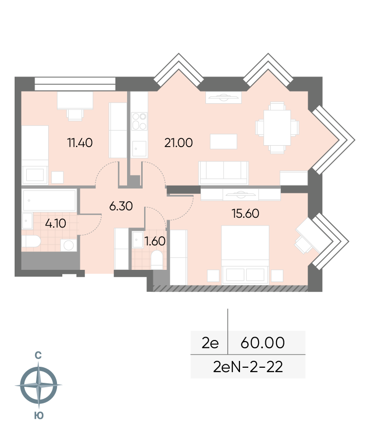 2-комнатная 60 м2 в ЖК Wave корпус null этаж 22