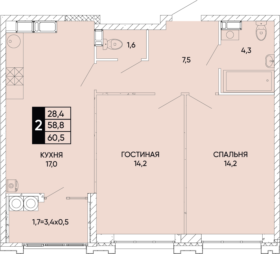 2-комнатная 60 м2 в ЖК Левобережье корпус null этаж 22