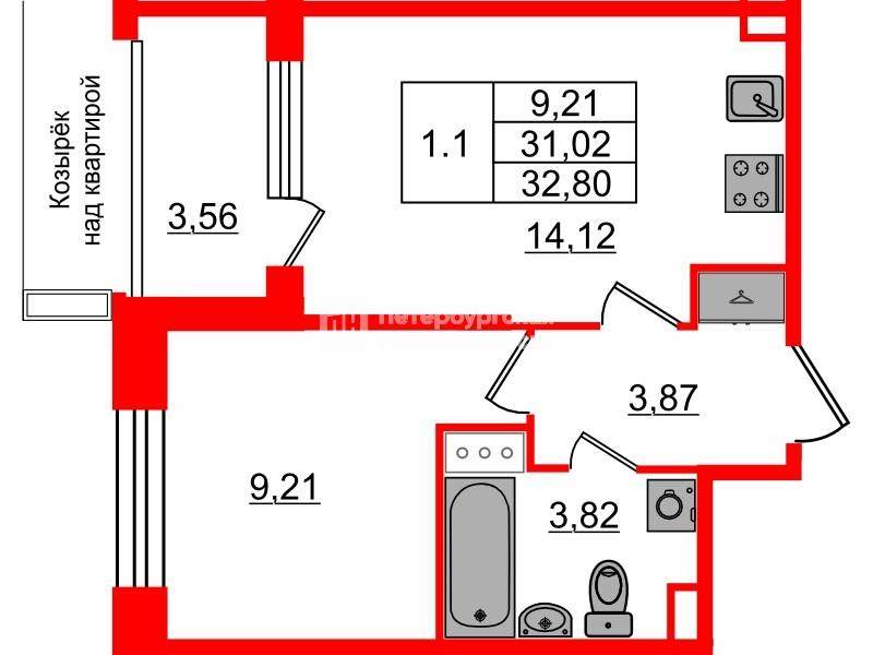 1-комнатная 31 м2 в ЖК Setl Лофт корпус null этаж 3