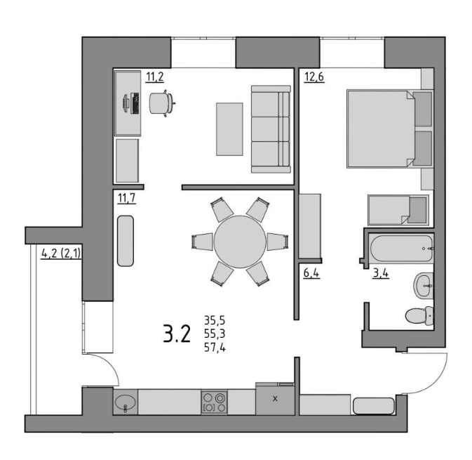 3-комнатная 57.4 м2 в ЖК undefined корпус null этаж 4