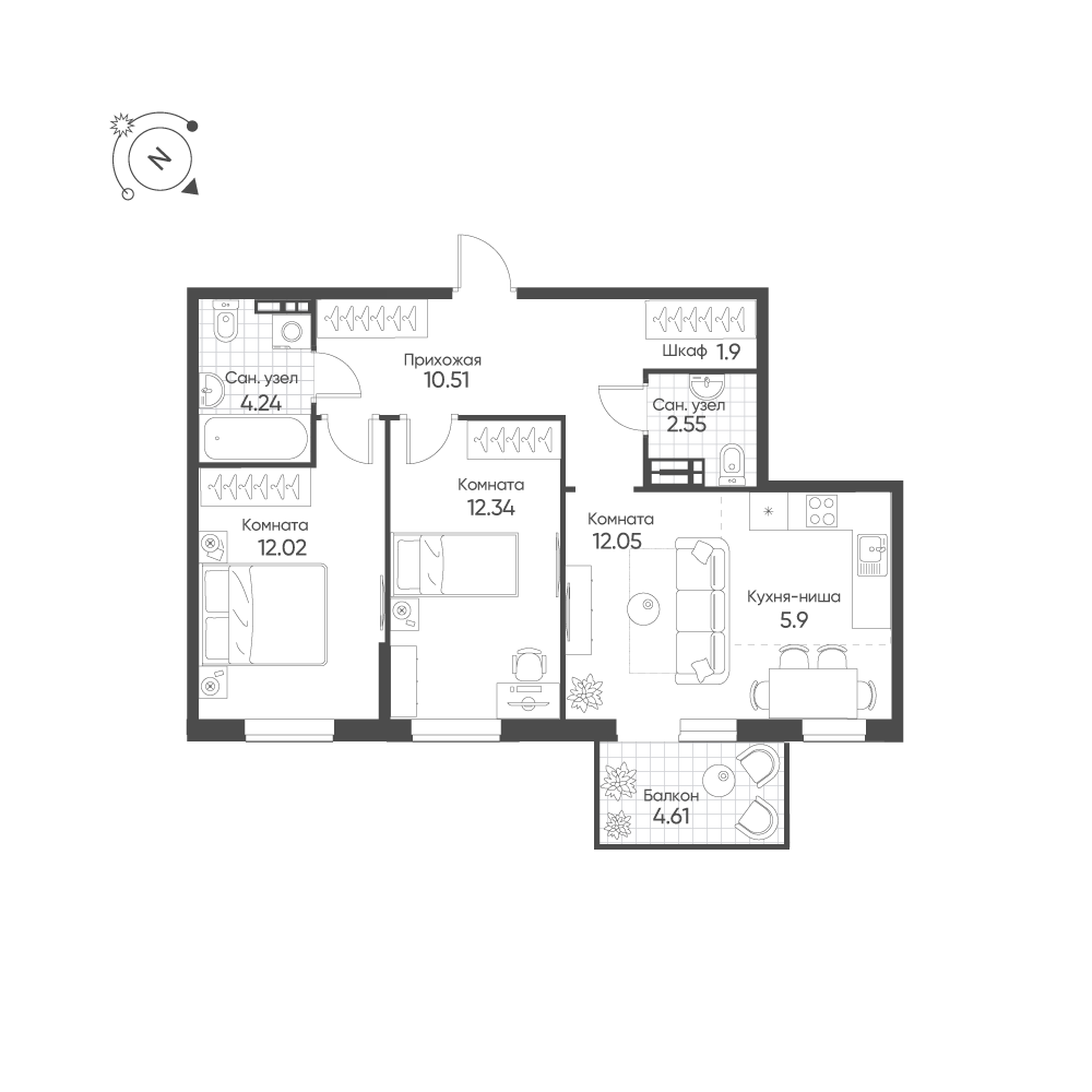 3-комнатная 62 м2 в ЖК Балтым-Парк корпус null этаж 2