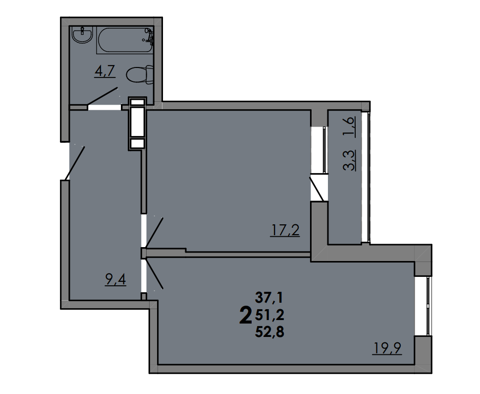 2-комнатная 52 м2 в ЖК GraY 2 корпус null этаж 15