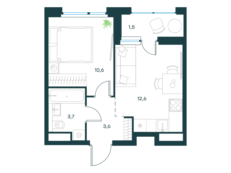 1-комнатная 32 м2 в ЖК Левел Лесной корпус null этаж 14