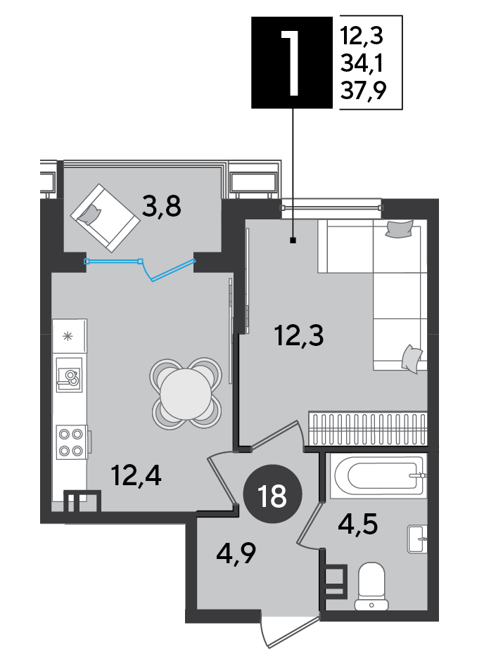 1-комнатная 37 м2 в ЖК Парк Победы 2 корпус null этаж 4