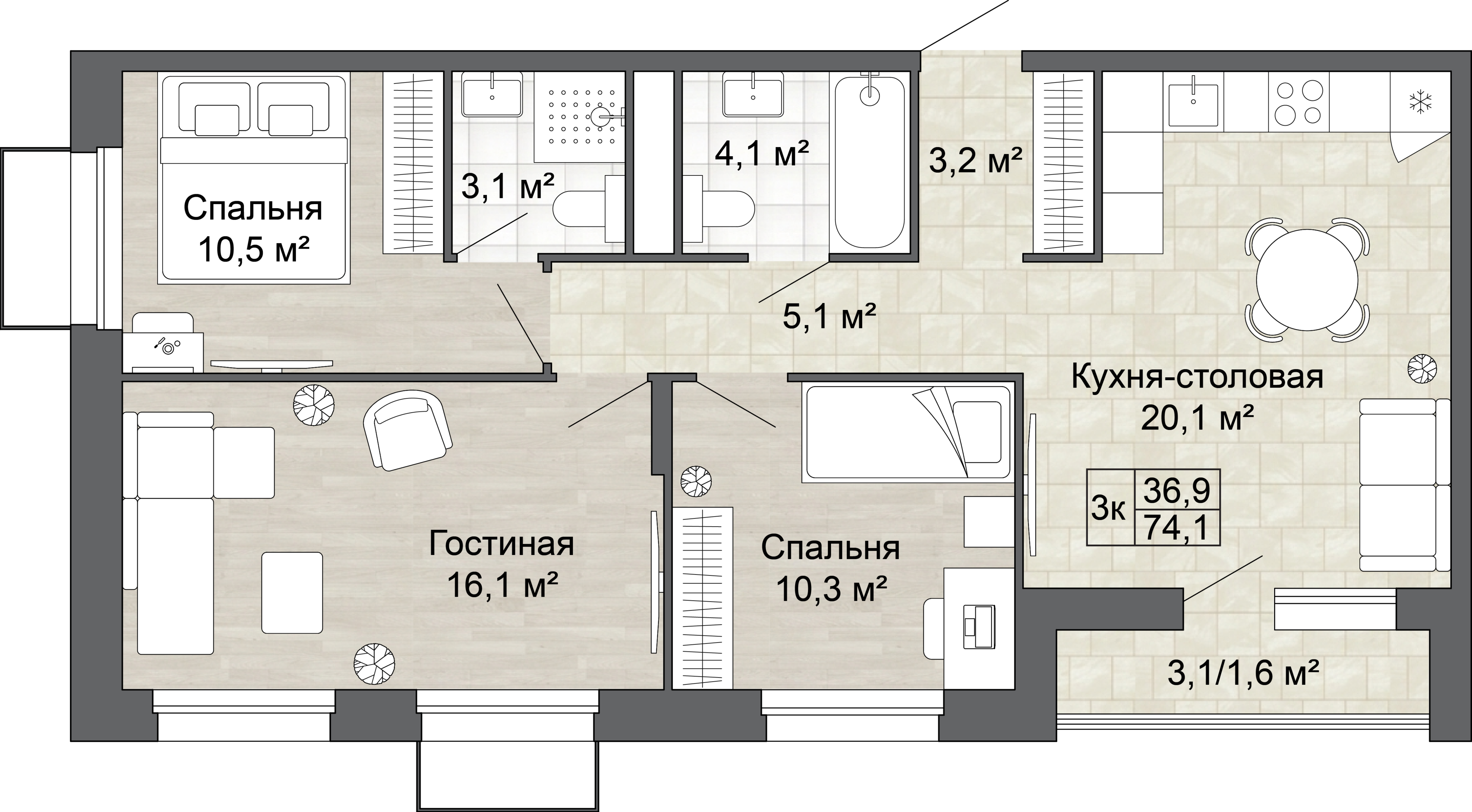 3-комнатная 74 м2 в ЖК Яблоневый Сад корпус null этаж 14