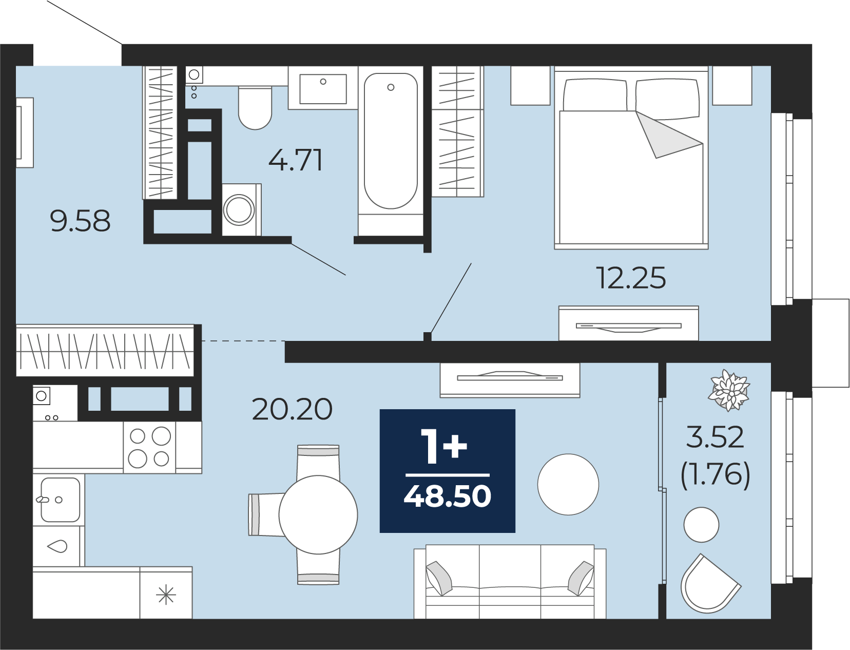 1-комнатная 46 м2 в ЖК Прео корпус null этаж 15