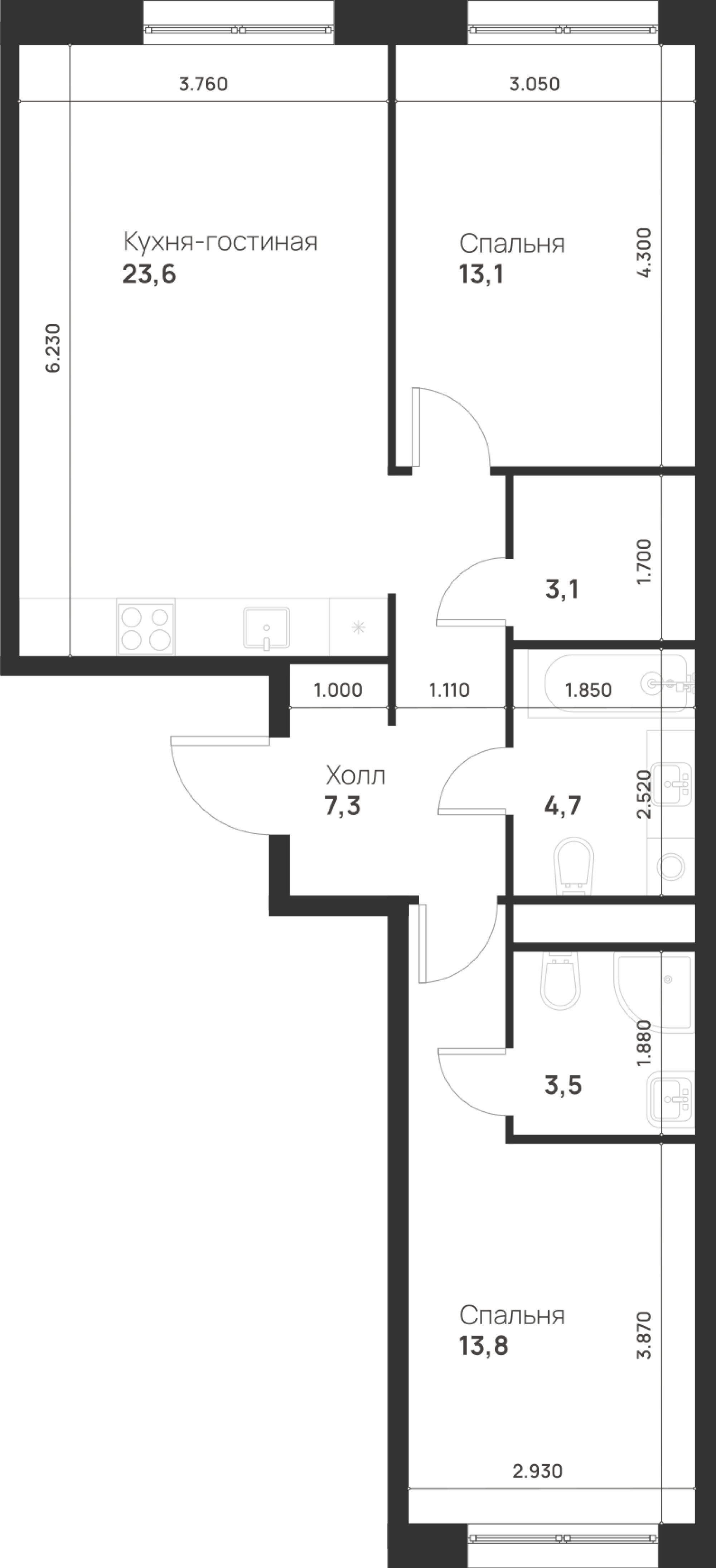 2-комнатная 69 м2 в ЖК Форевиль корпус null этаж 3