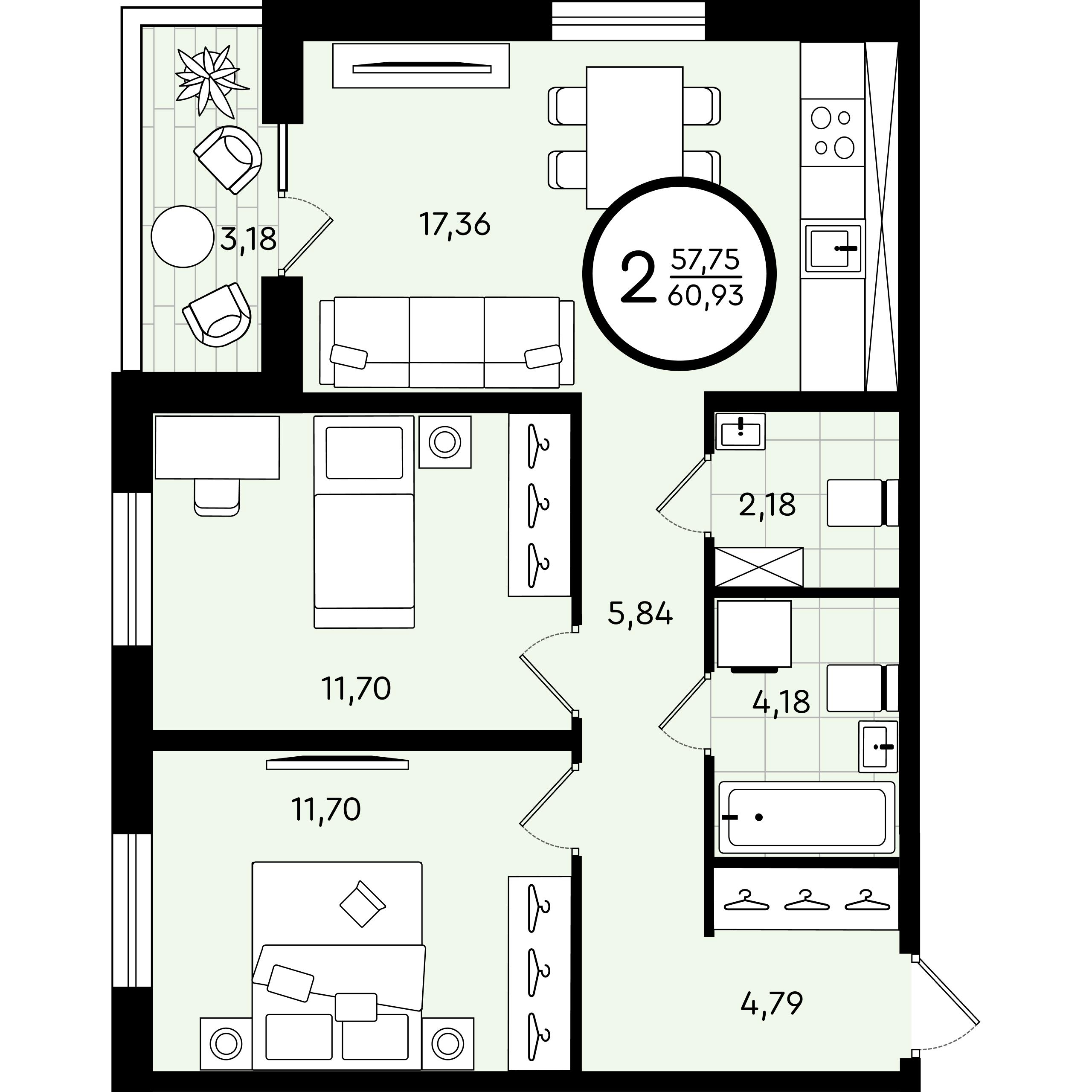 2-комнатная 60 м2 в ЖК Зеленые Аллеи корпус null этаж 1